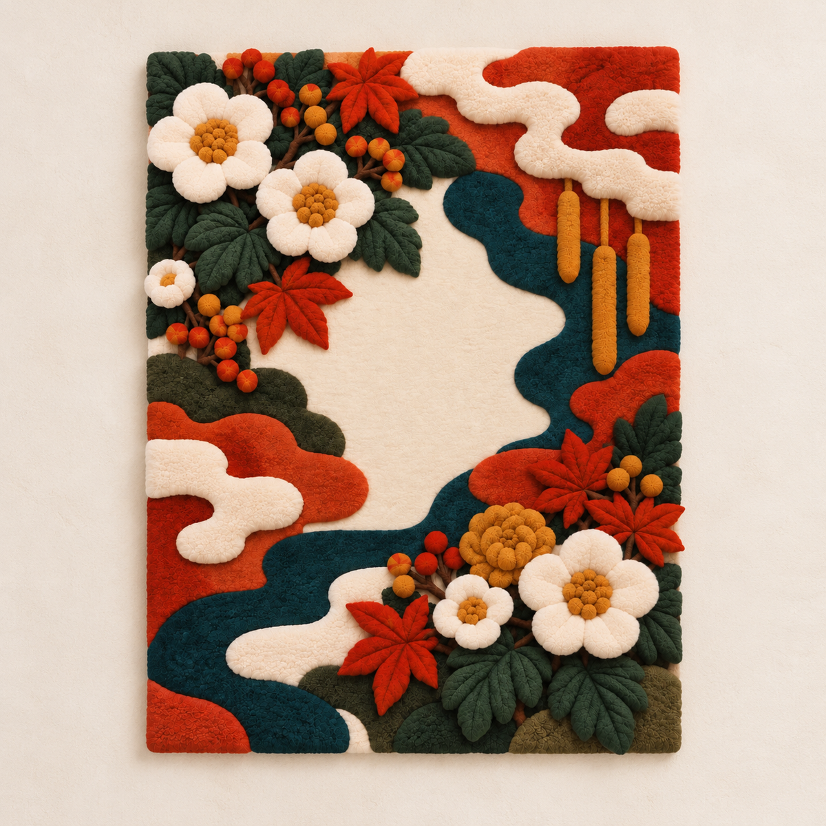 Hewn Earth wall art featuring vibrant vermilion clouds and delicate camellias, ideal for elegant interior decor.
