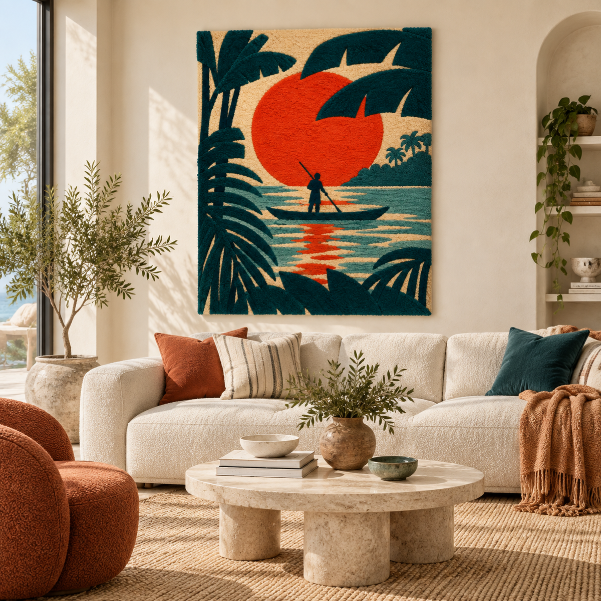 Hewn Earth Vermilion Lagoon Paddler wall art featuring a vibrant lagoon scene with a paddler in a natural, colorful setting.