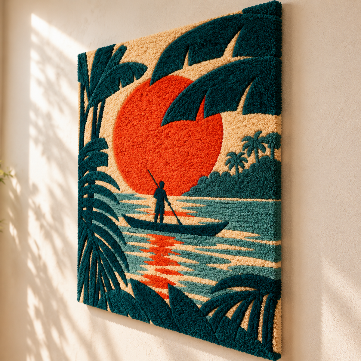 Hewn Earth Vermilion Lagoon Paddler wall art featuring a vibrant paddleboarder scene with bold colors and artistic style.
