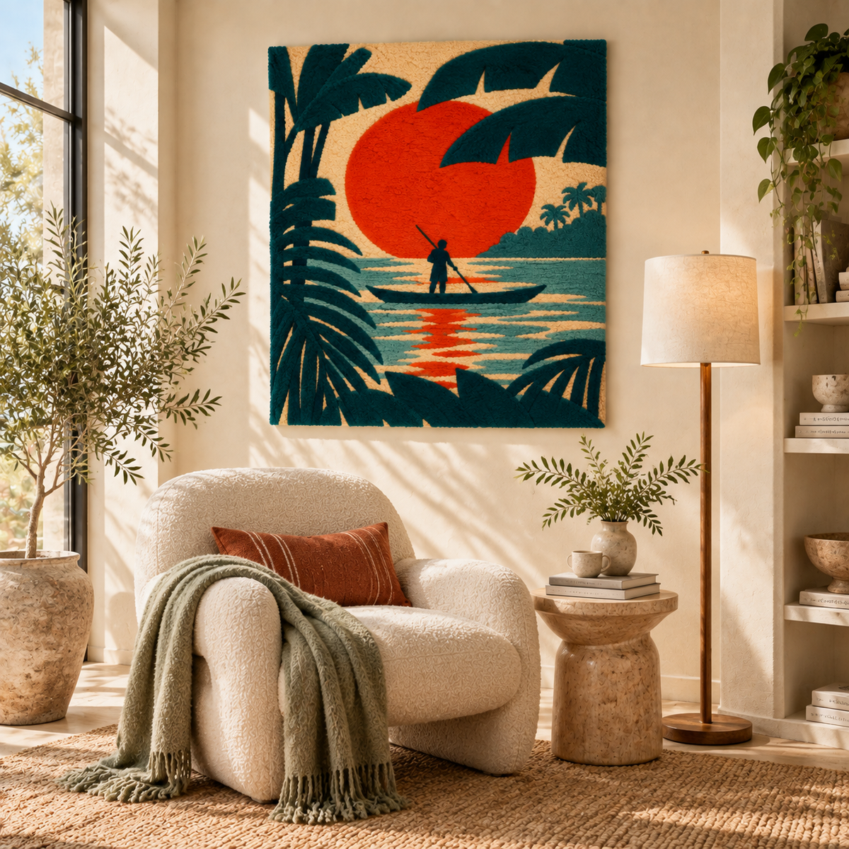 Hewn Earth Vermilion Lagoon Paddler wall art, vibrant scene featuring a paddler in a lagoon, ideal for room decor.