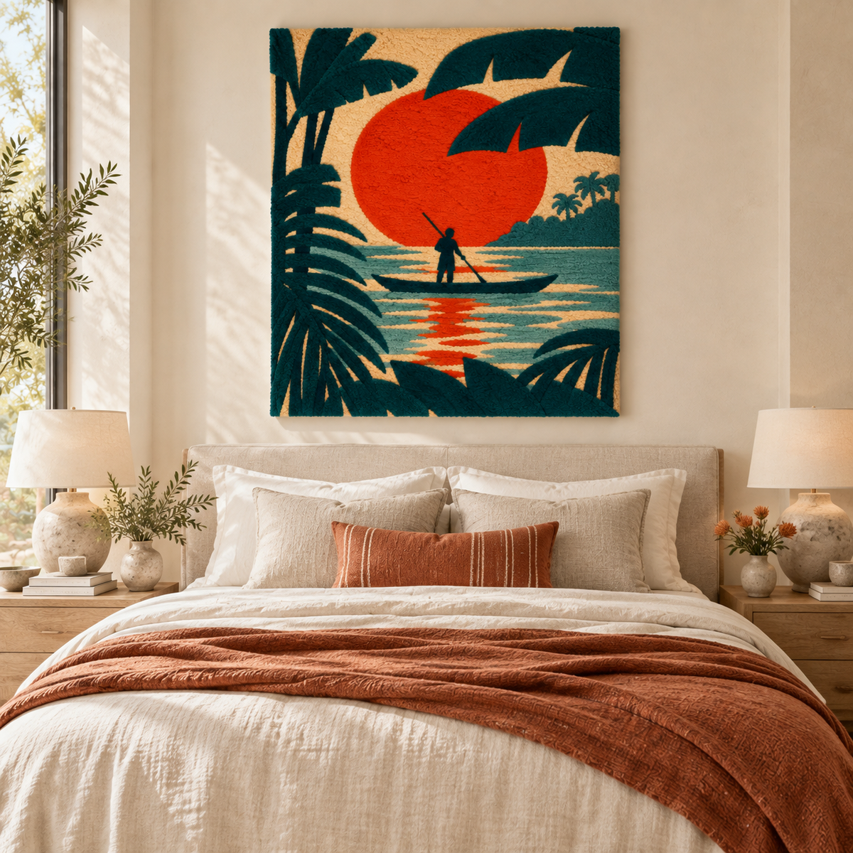Hewn Earth Vermilion Lagoon Paddler wall art hanging in a modern room with neutral decor, showcasing vibrant colors and detailed design.