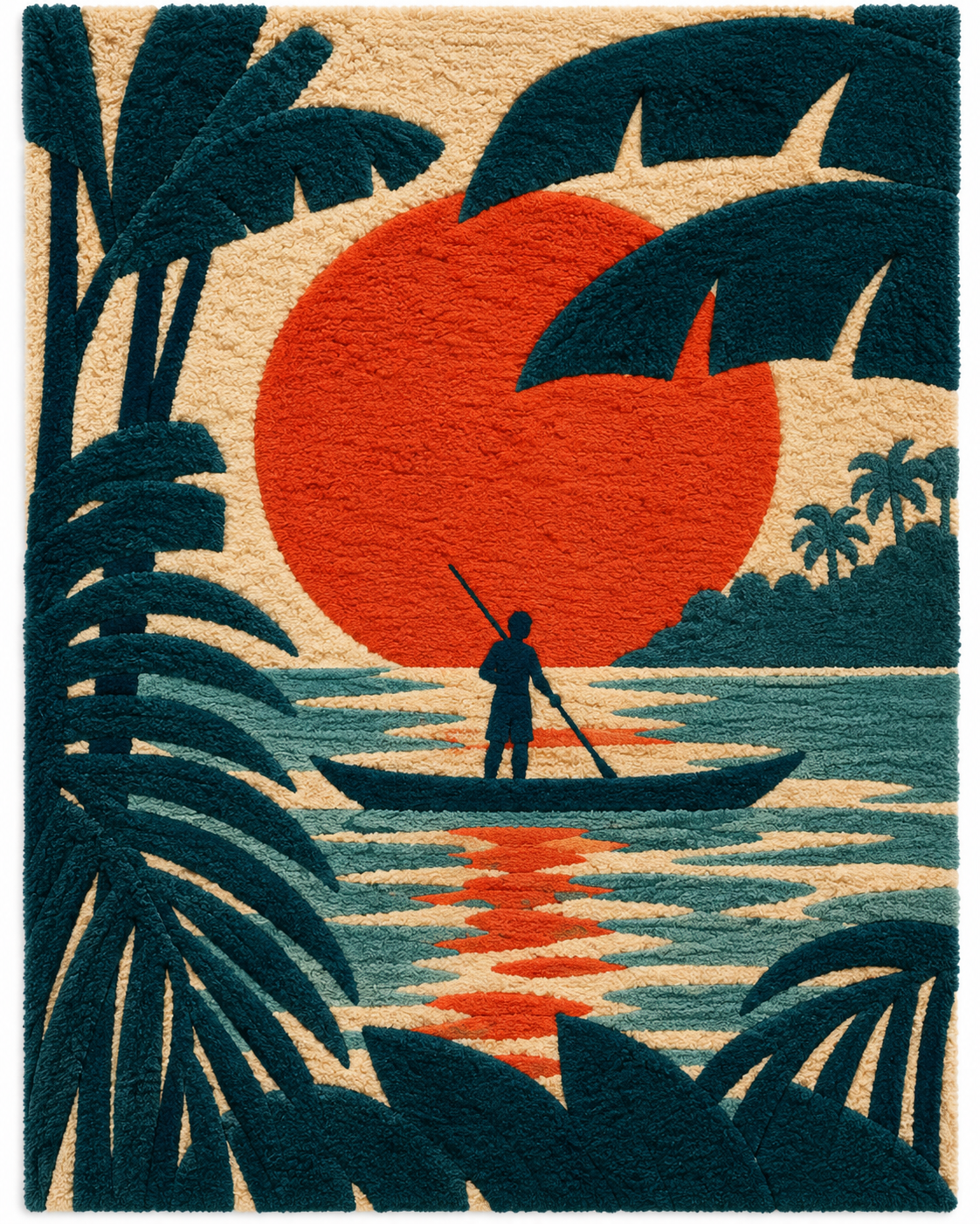 Hewn Earth Vermilion Lagoon Paddler wall art featuring a vibrant lagoon scene with a paddler in natural colors and artistic style.