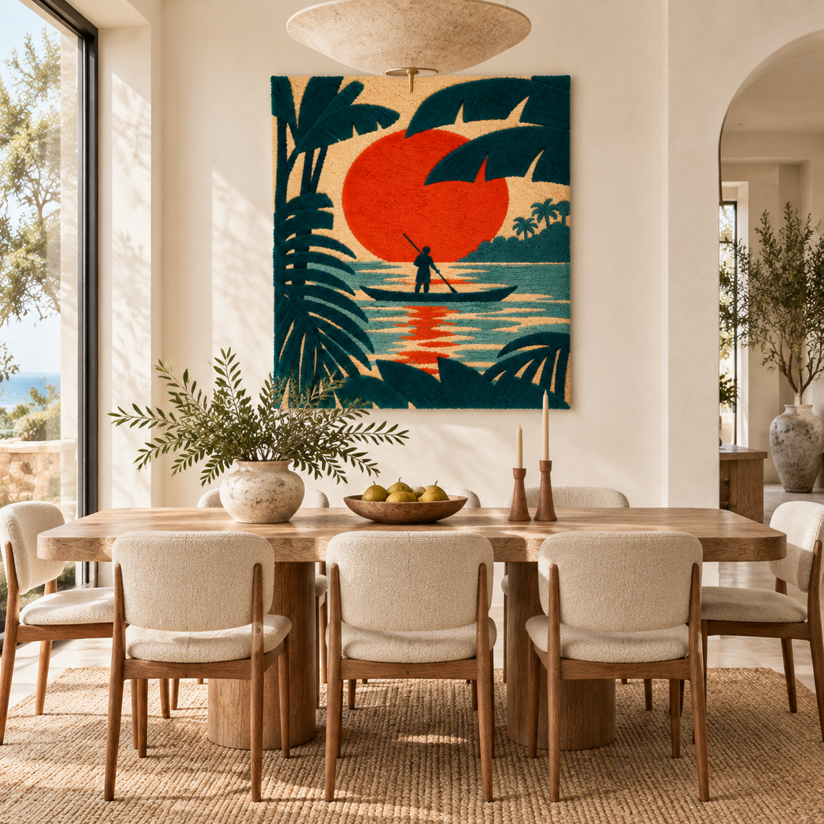 Hewn Earth Vermilion Lagoon Paddler wall art displayed in a room scene, showcasing vibrant colors and nature-inspired design.