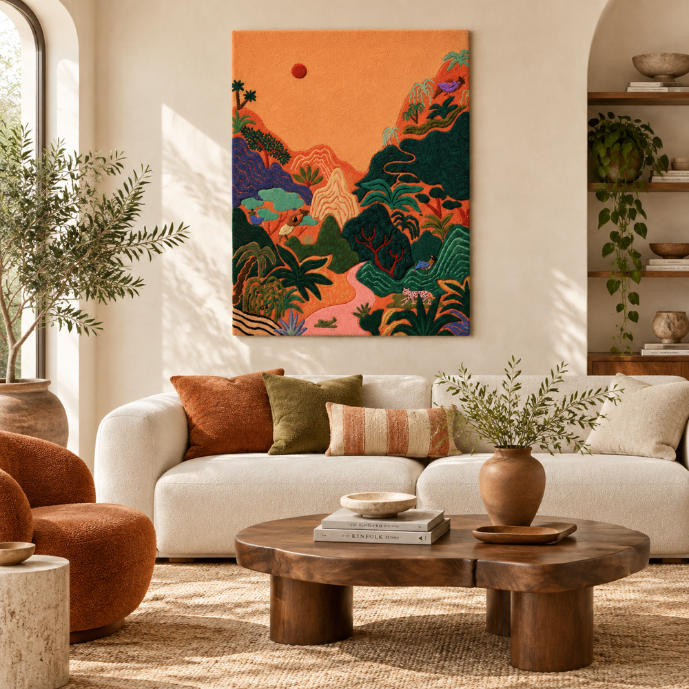 Hewn Earth Vermilion Mountain Passage wall art featuring vibrant mountain landscape scene in a modern room setting