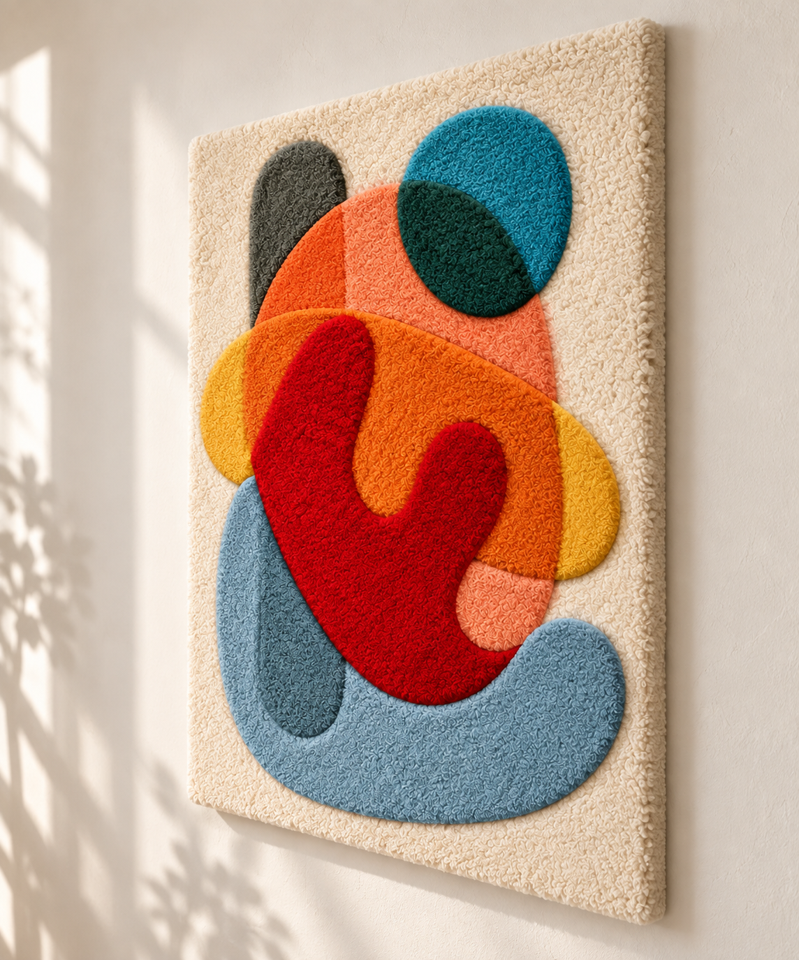 Hewn Earth Vermilion Pebble Dance wall art featuring vibrant red pebbles arranged in an abstract design on a white background.