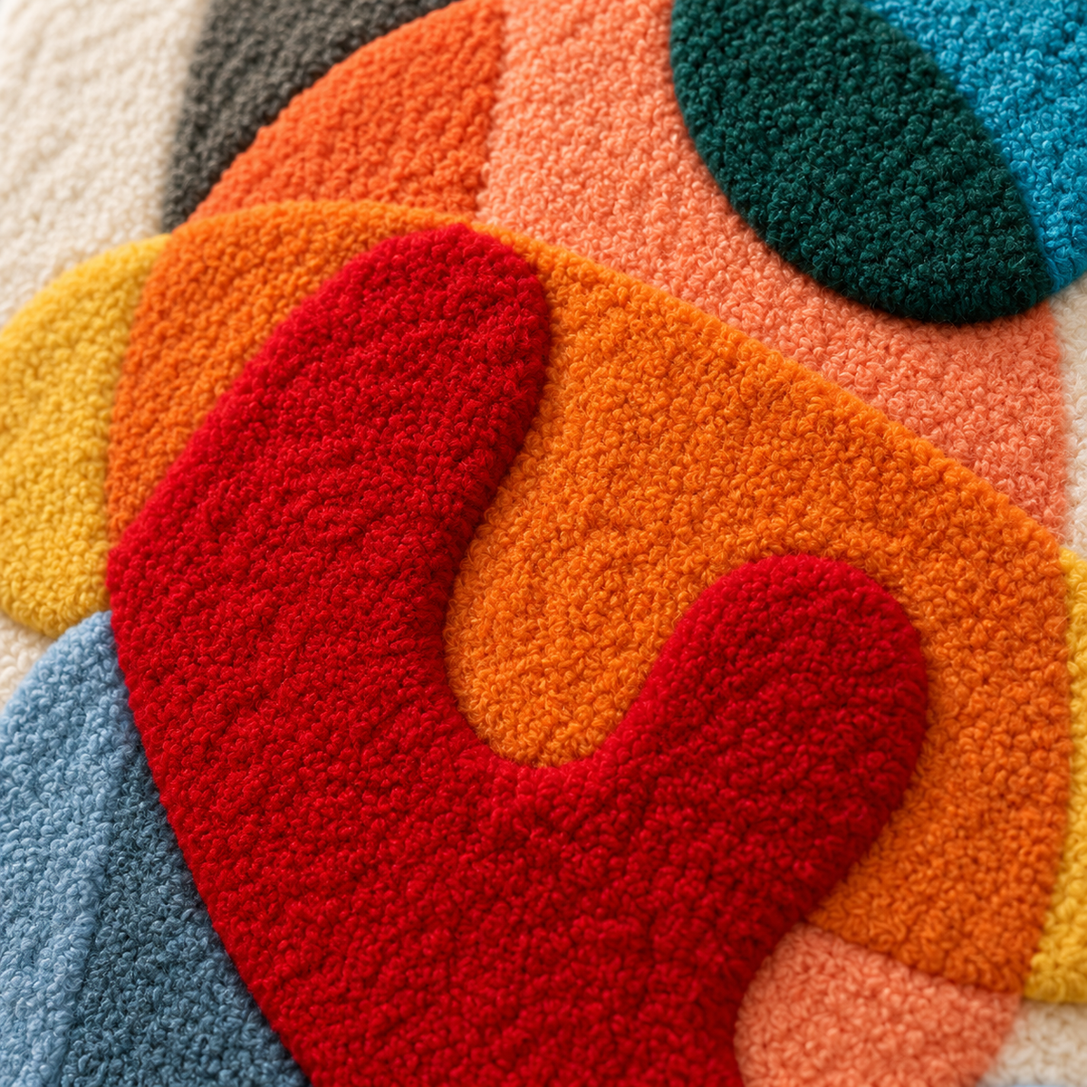 Close-up of the Hewn Earth Vermilion Pebble Dance wall art featuring vibrant red and orange pebble details arranged artistically.
