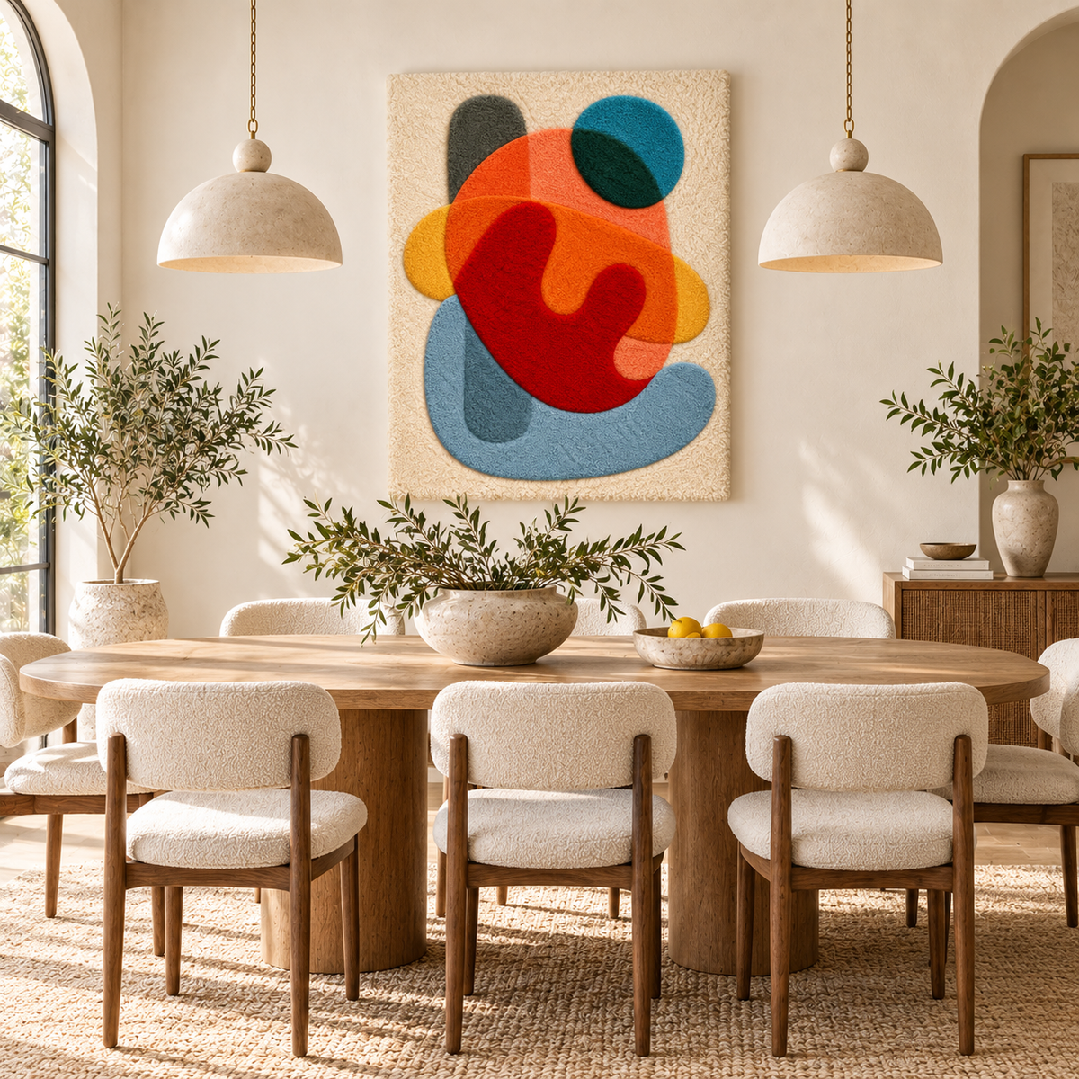 Hewn Earth Vermilion Pebble Dance wall art featuring vibrant red, orange, and beige abstract pebble patterns for modern interior decor