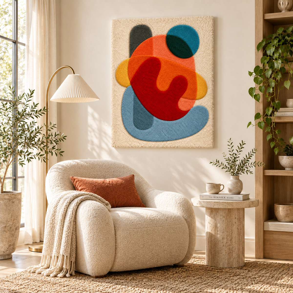 Hewn Earth Vermilion Pebble Dance wall art featuring vibrant red, orange, and white pebble patterns arranged in a dynamic design.