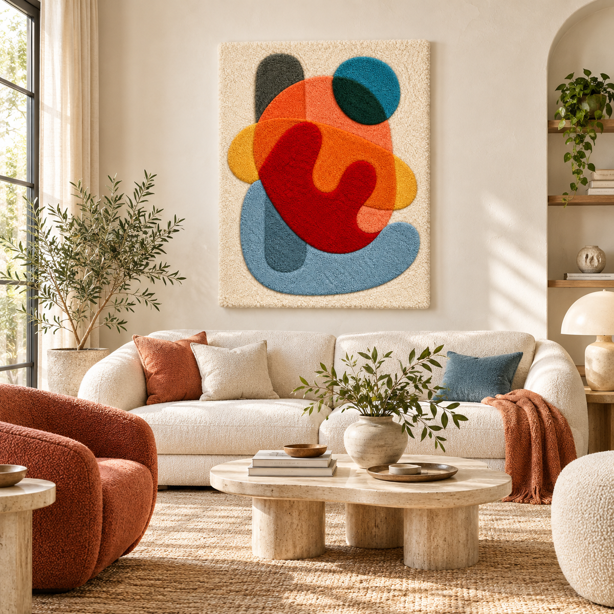 Hewn Earth Vermilion Pebble Dance wall art featuring vibrant red and orange pebble design on a neutral background.
