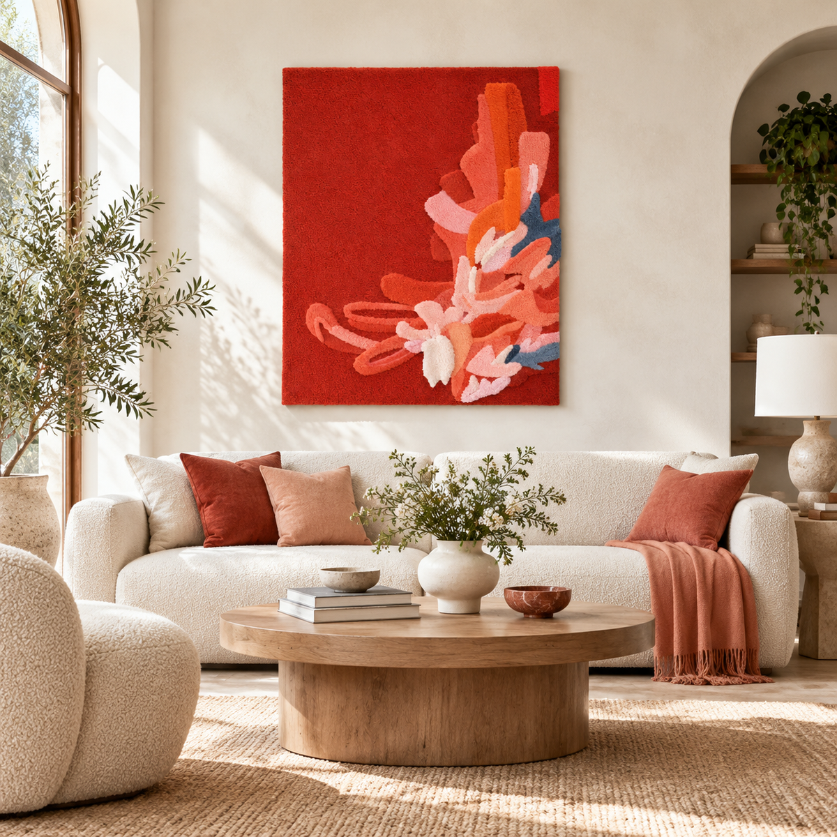 Vermilion Petal Cascade — front-facing room scene