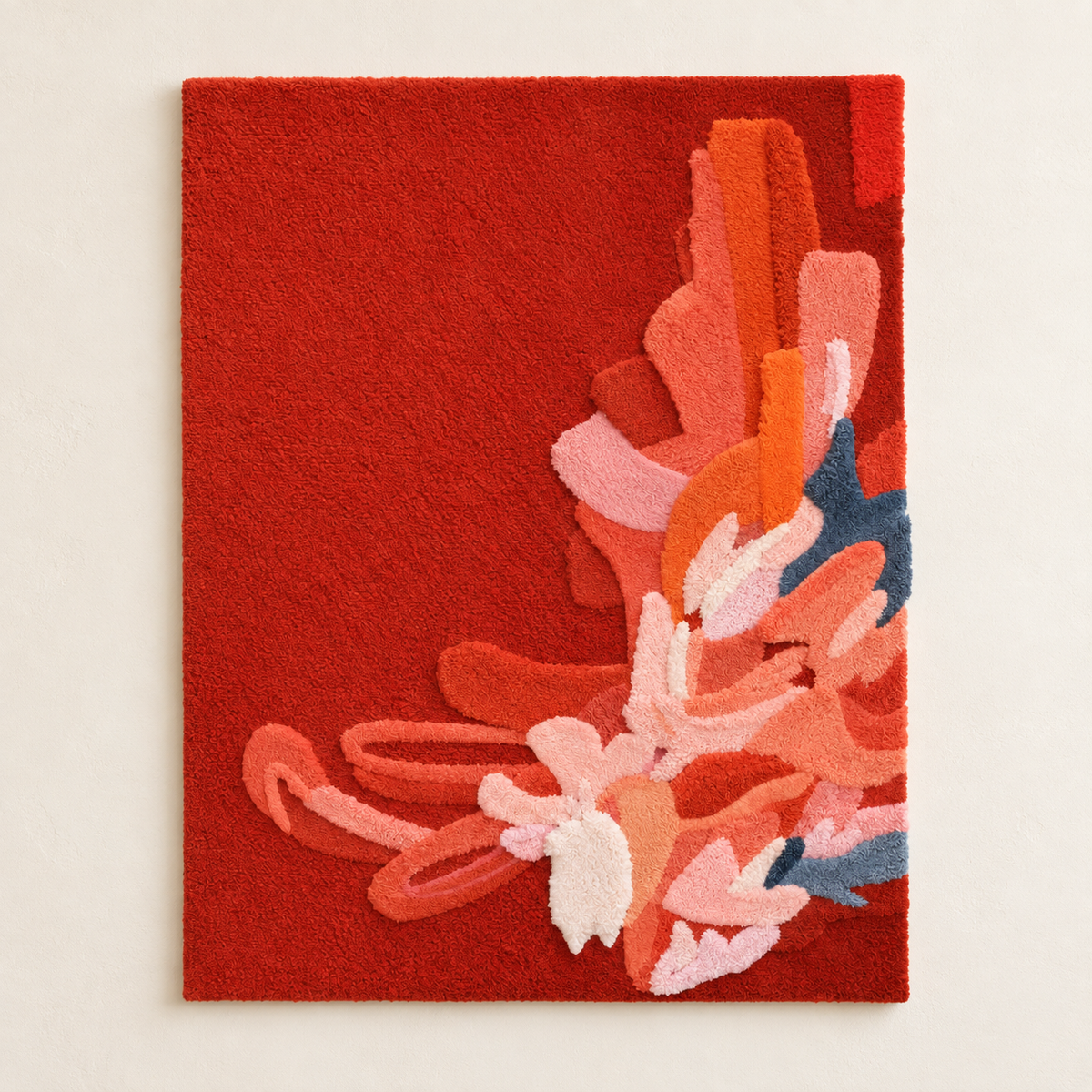 Hewn Earth Vermilion Petal Cascade wall art featuring vibrant red and orange petal design on a light background.