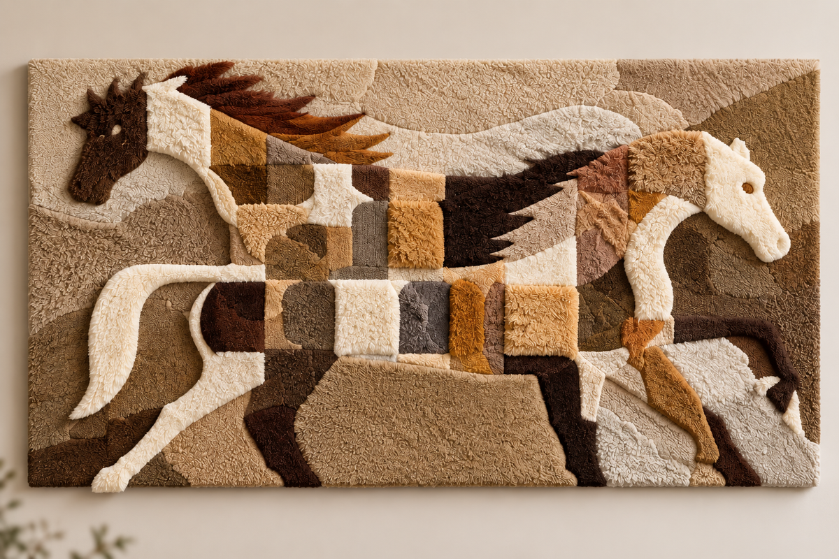 Hewn Earth Walnut Meadow Horses wall art featuring a detailed illustration of horses in a walnut-toned meadow scene.