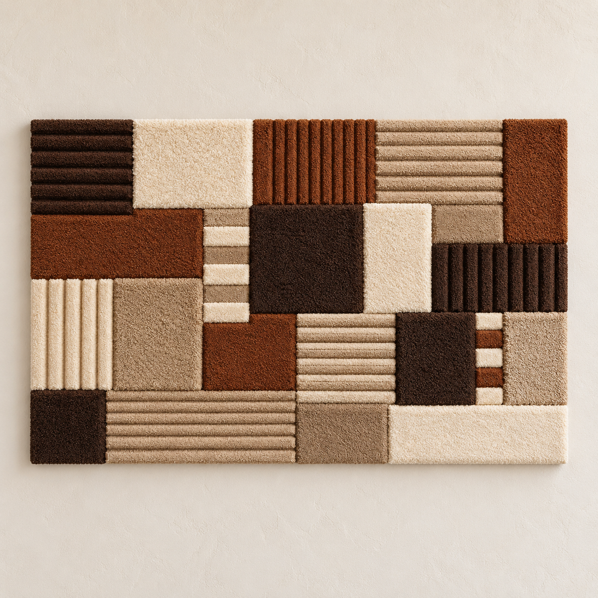 Walnut Ribbed Patchwork Hewn Earth wall art featuring textured walnut wood pieces arranged in a ribbed patchwork pattern.