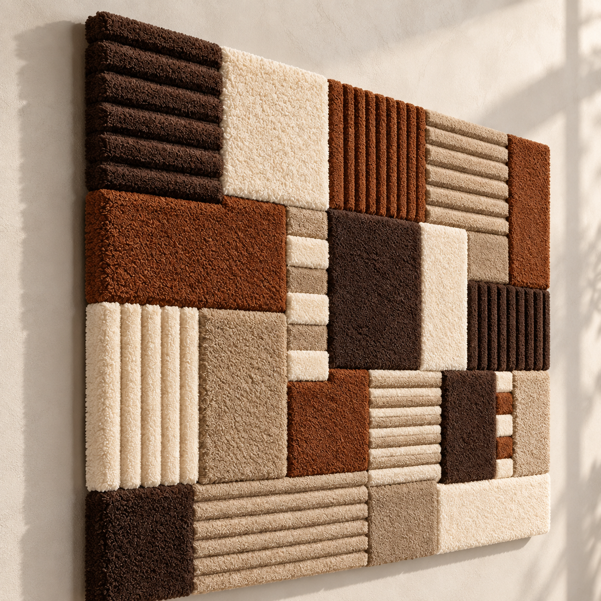 Walnut Ribbed Patchwork Hewn Earth wall art featuring textured wood panels in a ribbed, patchwork design.
