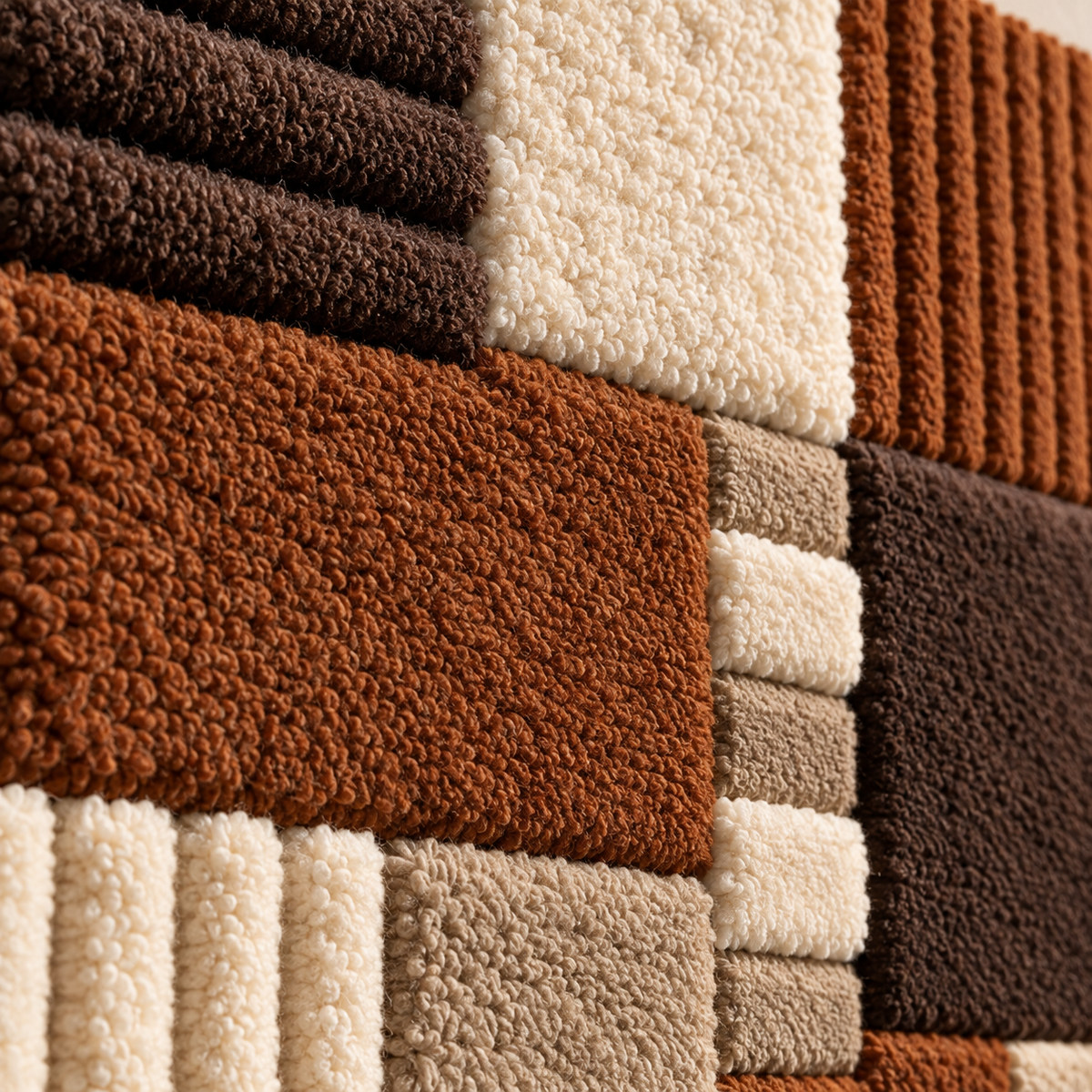 Close-up of Hewn Earth Walnut Ribbed Patchwork wall art showing textured walnut wood pieces arranged in a detailed patchwork design.