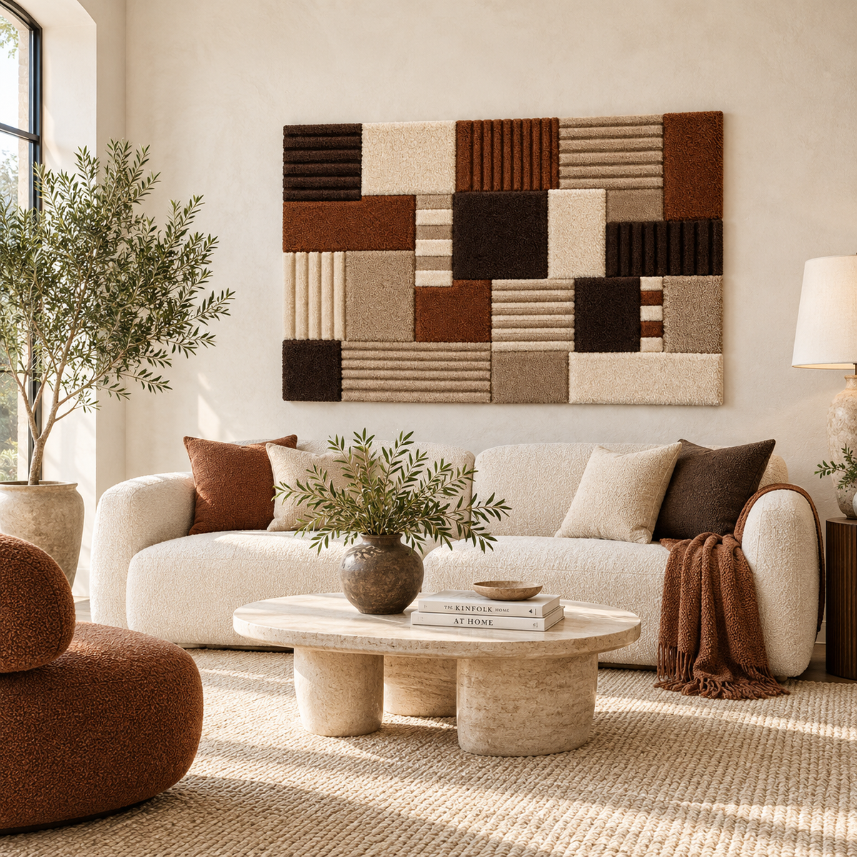 Walnut ribbed patchwork wall art by Hewn Earth, featuring textured wood panels arranged in a geometric design for modern wall decor.
