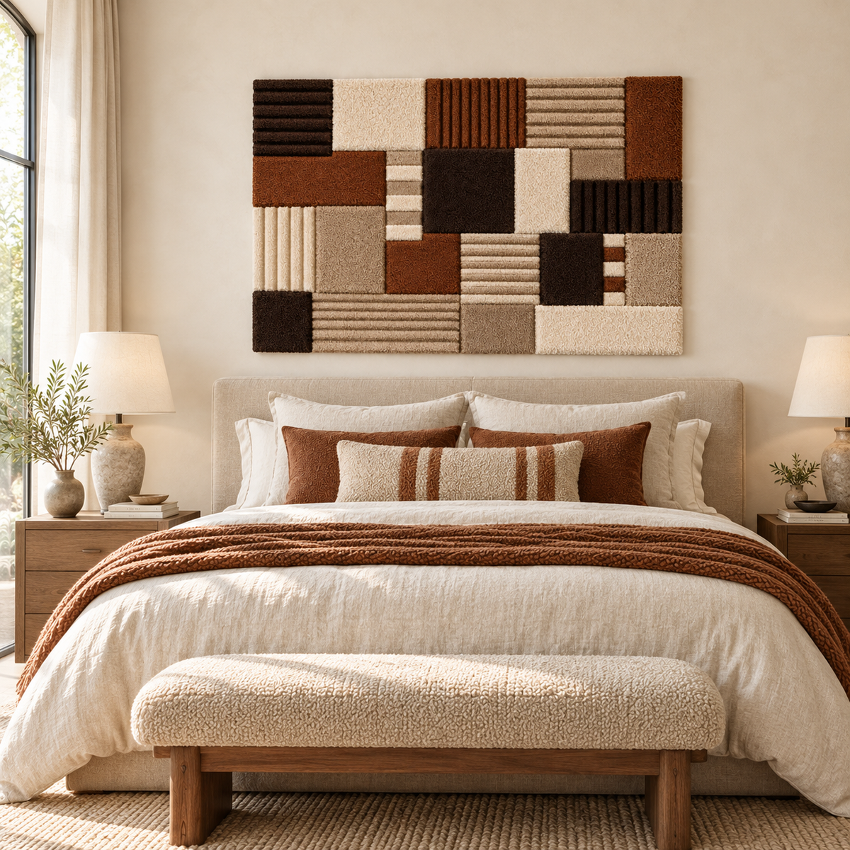 Walnut Ribbed Patchwork wall art by Hewn Earth, featuring textured, geometric wooden panels in a modern art display.