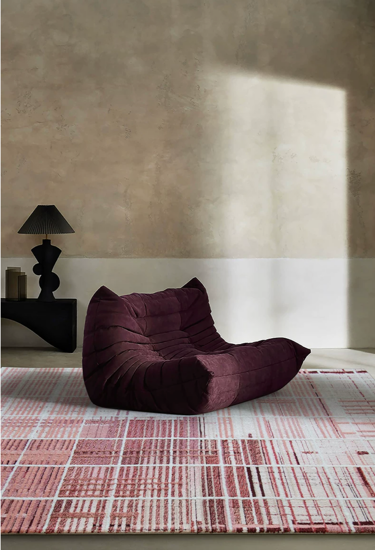 Close-up of Hewn Earth Studio woven weft rug showing intricate textile pattern and rich natural fibers.