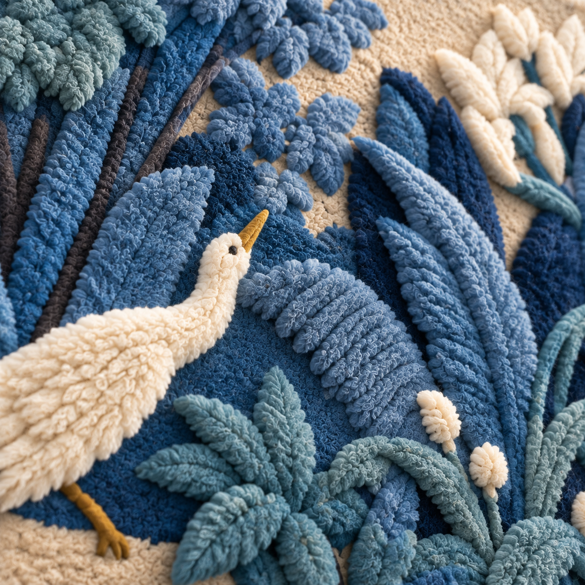 White Bird in the Blue Garden — tufted wool texture detail