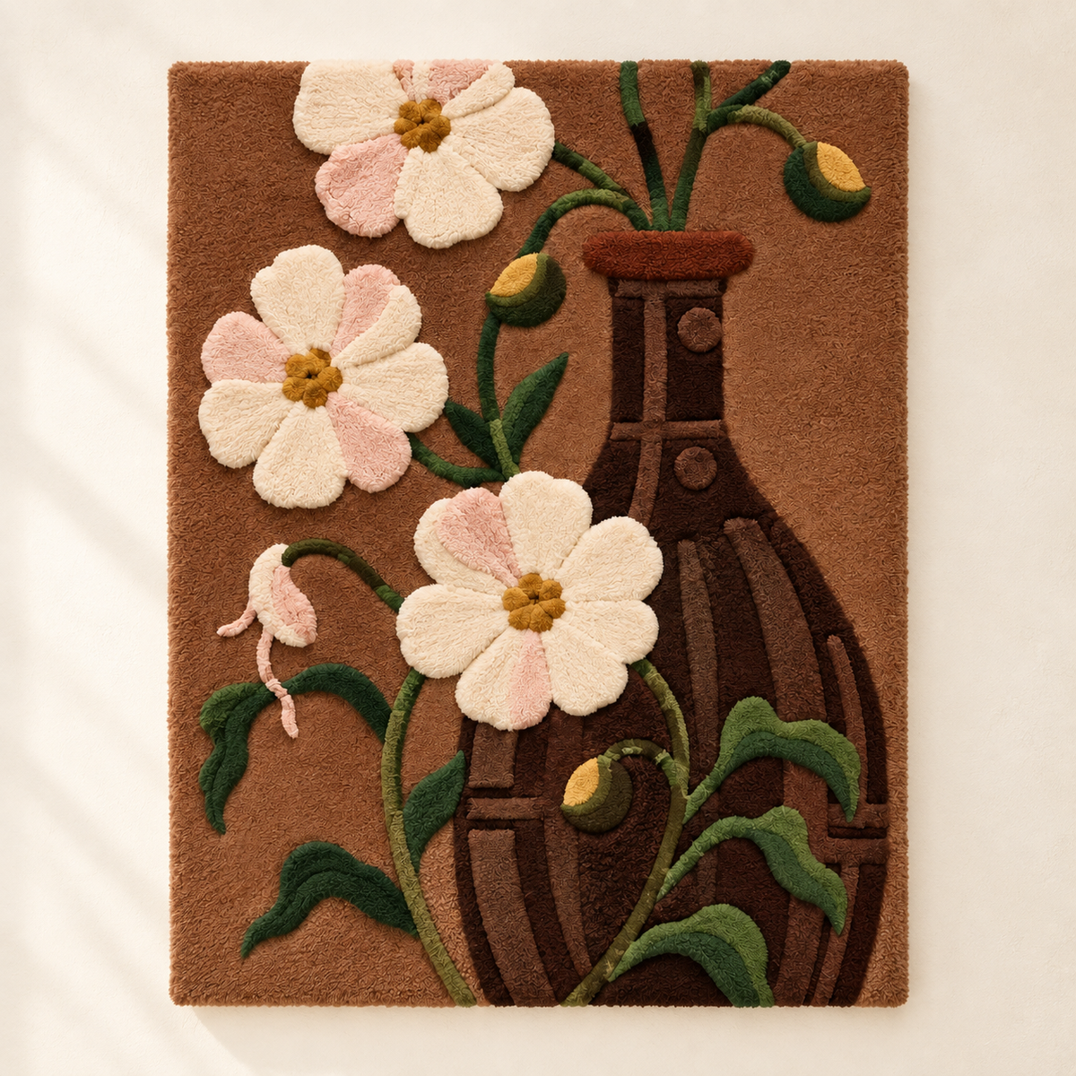 Hewn Earth wall art featuring wild roses arranged in an earthen vase, displayed as a decorative floral wall hanging.