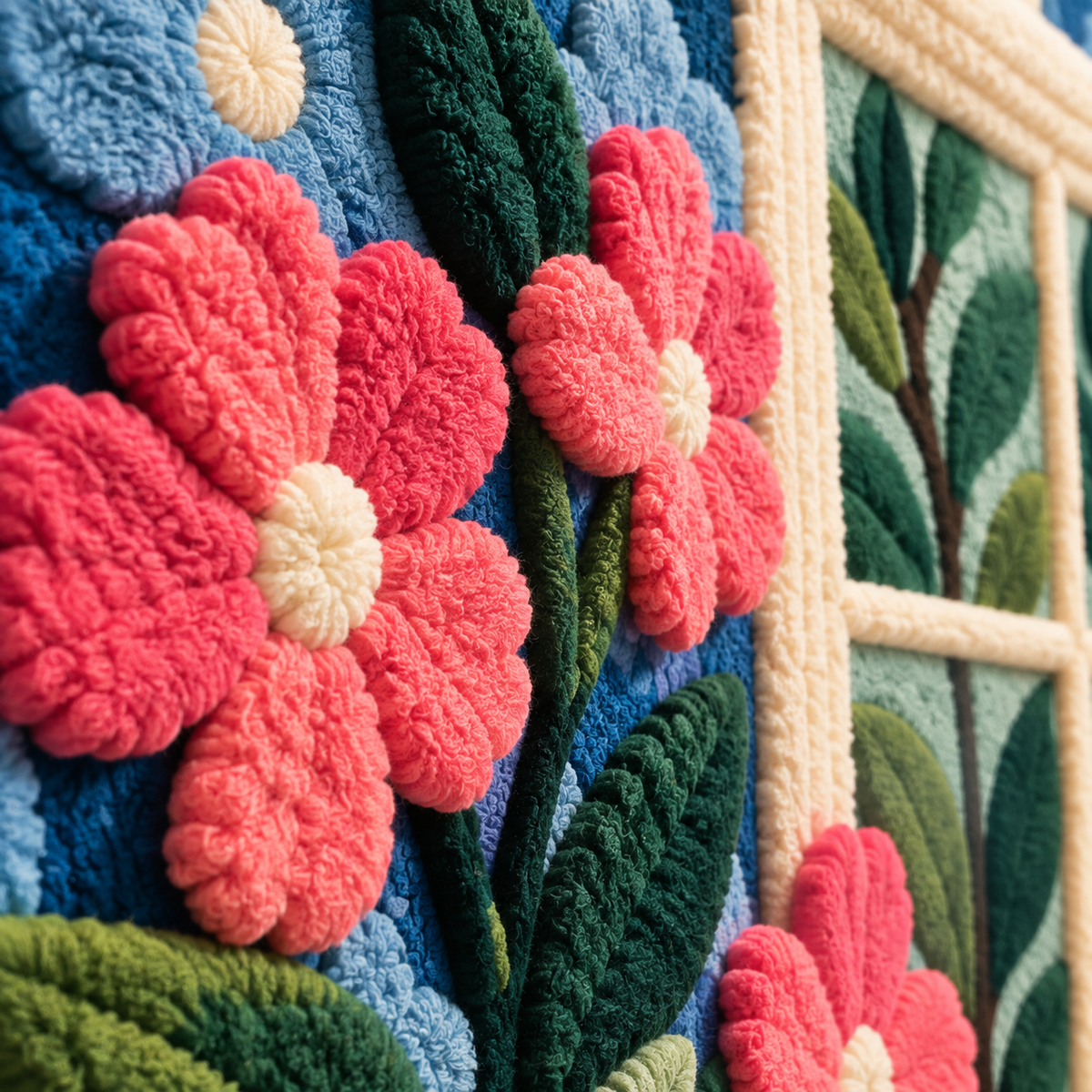 Window of Coral Blossoms — tufted wool texture detail