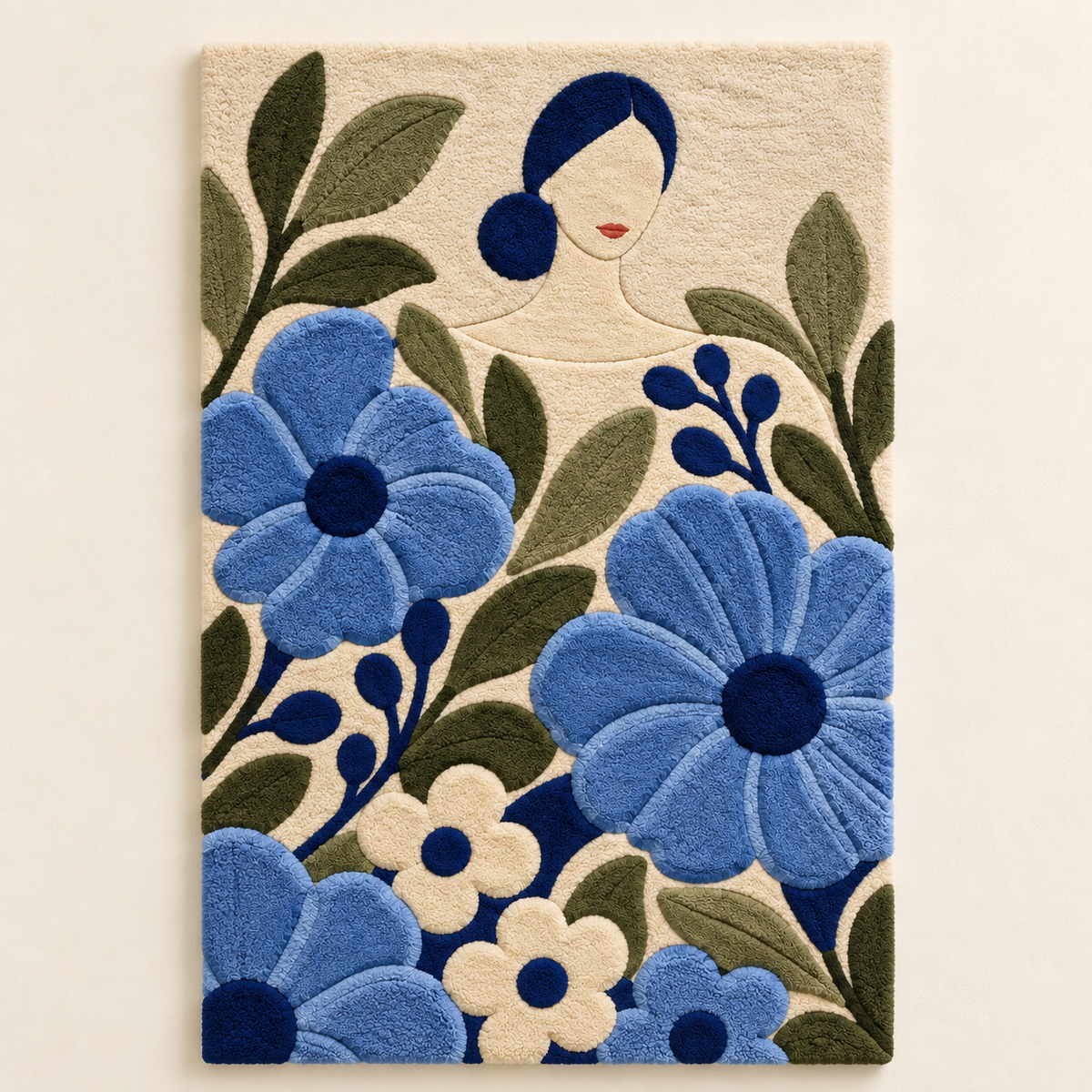 Woman among vibrant cornflower blooms wall art by Hewn Earth, showcasing a serene scene with colorful floral design.