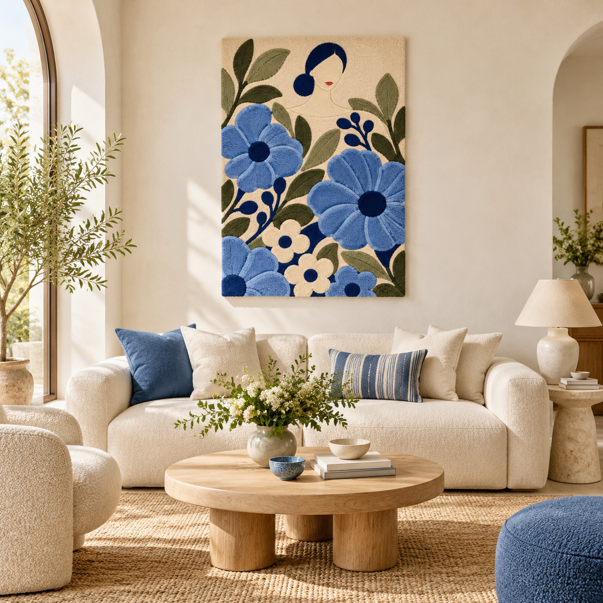 Woman among cornflower blooms wall art by Hewn Earth, featuring a serene scene of a woman in a vibrant cornflower field.