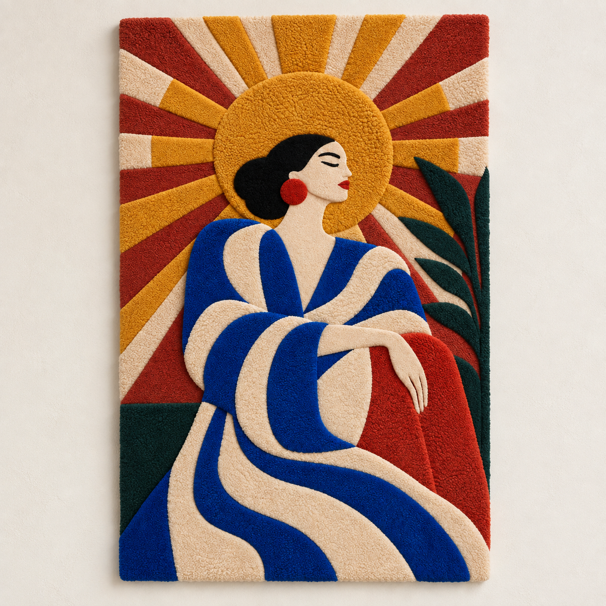 Woman beneath golden rays wall art by Hewn Earth, depicting a serene figure surrounded by warm, radiant light in a natural setting.