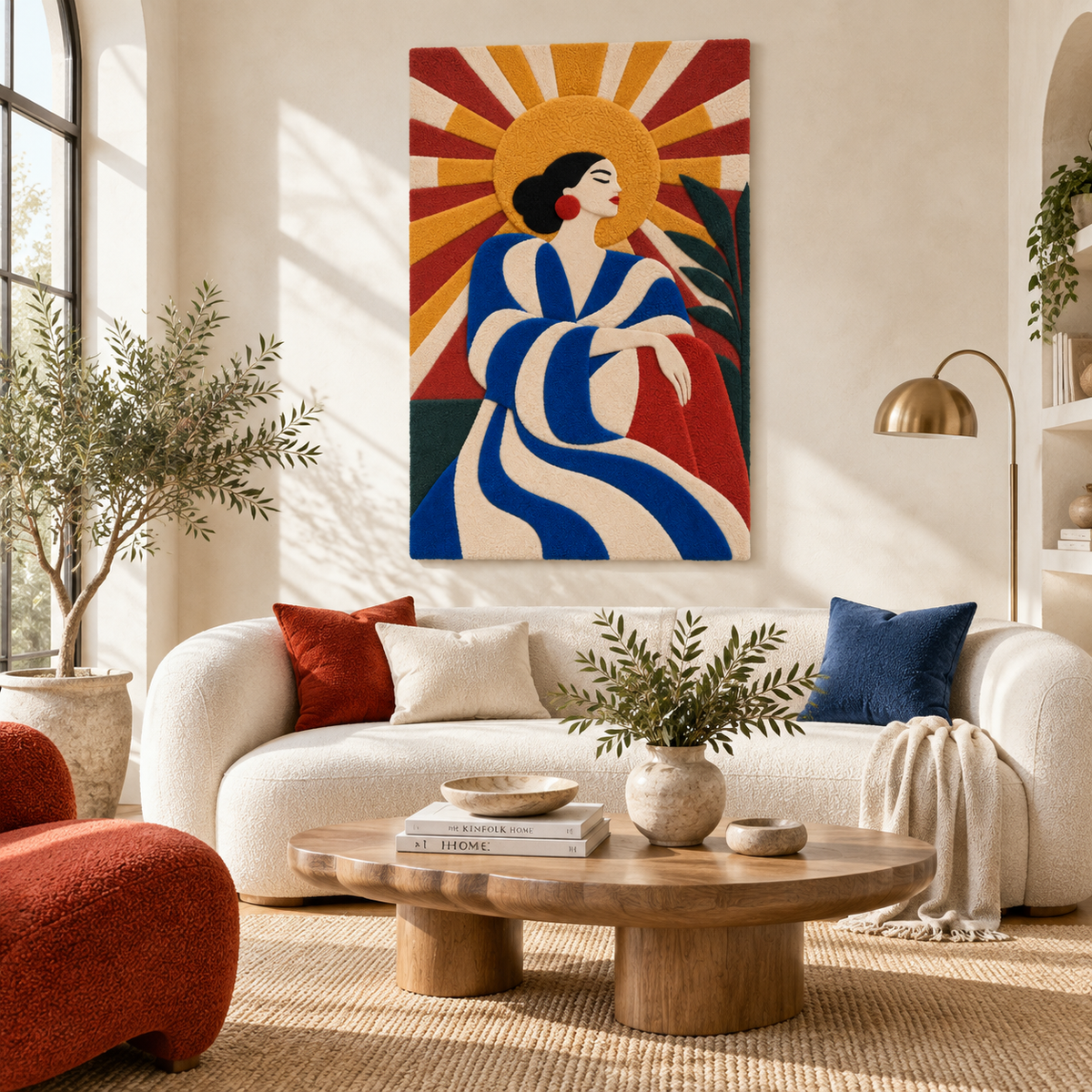 Wall art featuring a woman beneath golden rays by Hewn Earth, displayed on a room wall with warm natural lighting.