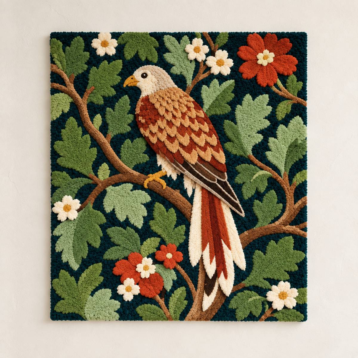 Hewn Earth Woodland Falcon tapestry wall art featuring a detailed forest scene with a majestic falcon perched among trees.