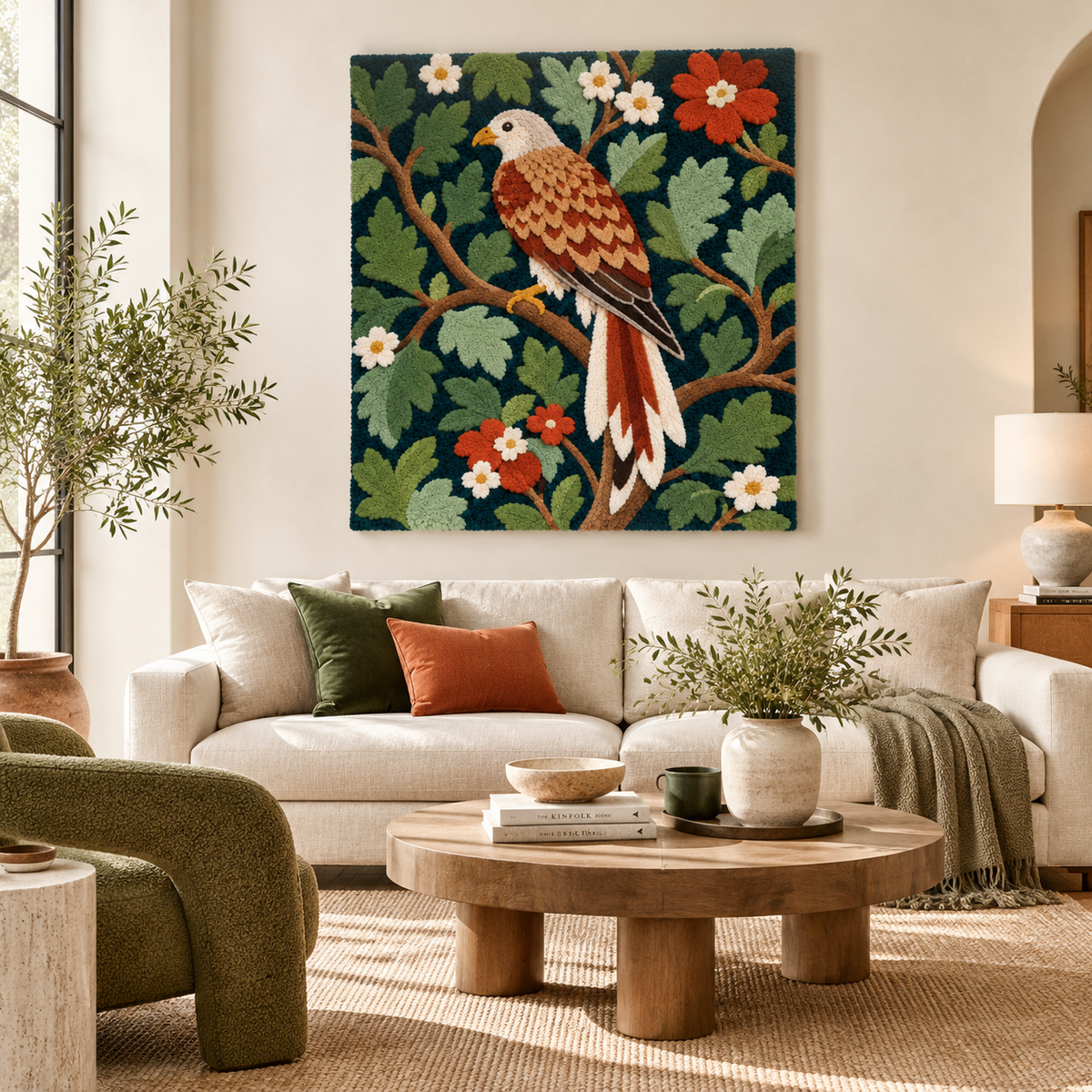Hewn Earth Woodland Falcon tapestry wall art featuring a detailed falcon in a forest scene, perfect for nature-inspired decor.