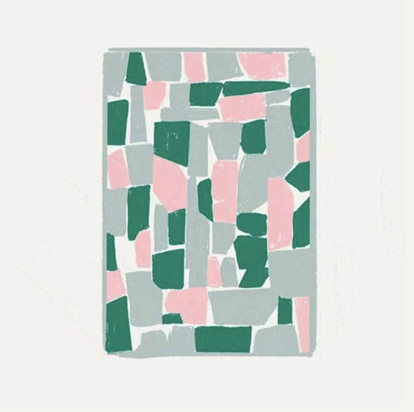 Hand-drawn mosaic pattern in green, pink and grey