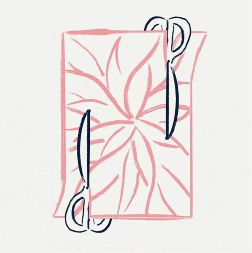 Hand-drawn scissors cutting a floral rug shape
