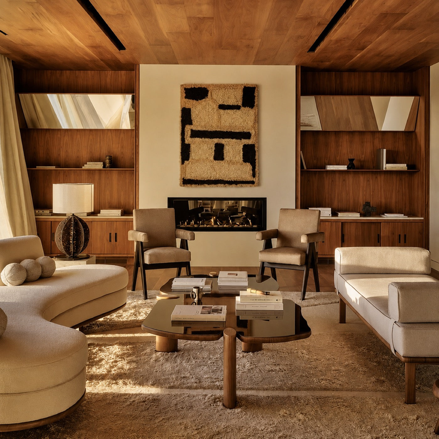 Warm neutral sanctuary with sculptural wool wall art