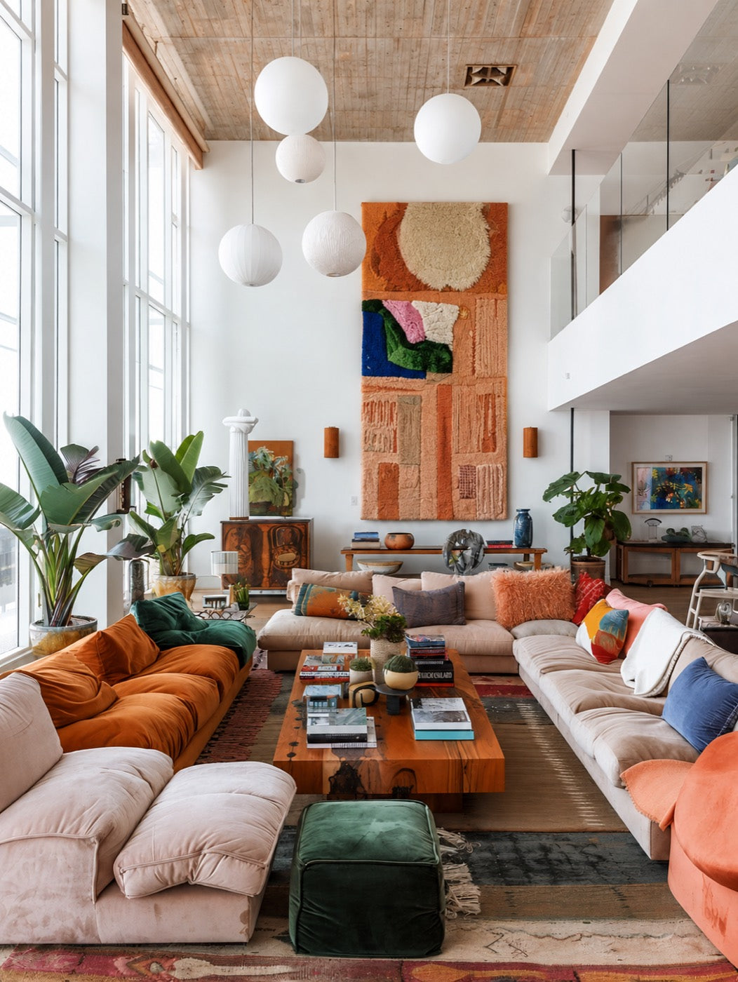 Bohemian layered home with sculptural wool art