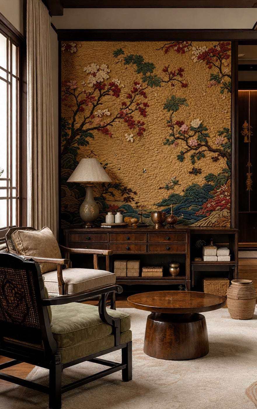 Quiet Japandi study with hand-tufted wool art