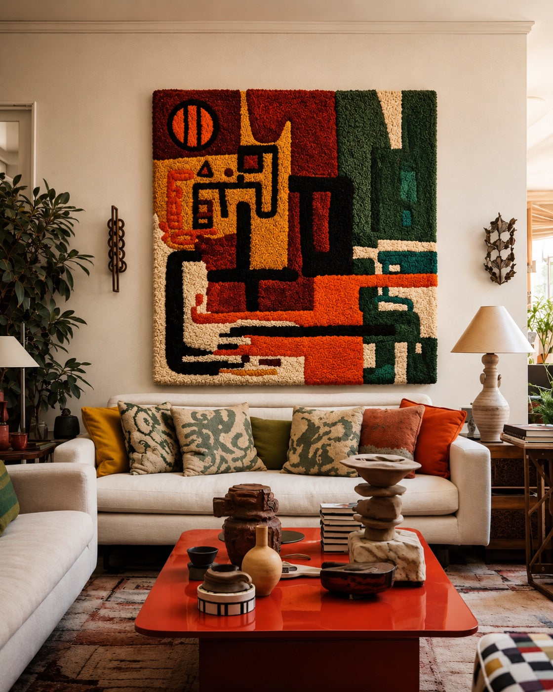 A large hand-tufted wool modernist abstract in oxblood, orange and forest green hung above a cream sofa
