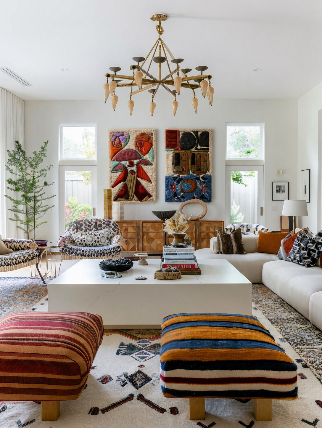 A bohemian living room with two folk-motif tapestries hung above a wooden credenza, striped ottomans and a patterned kilim rug