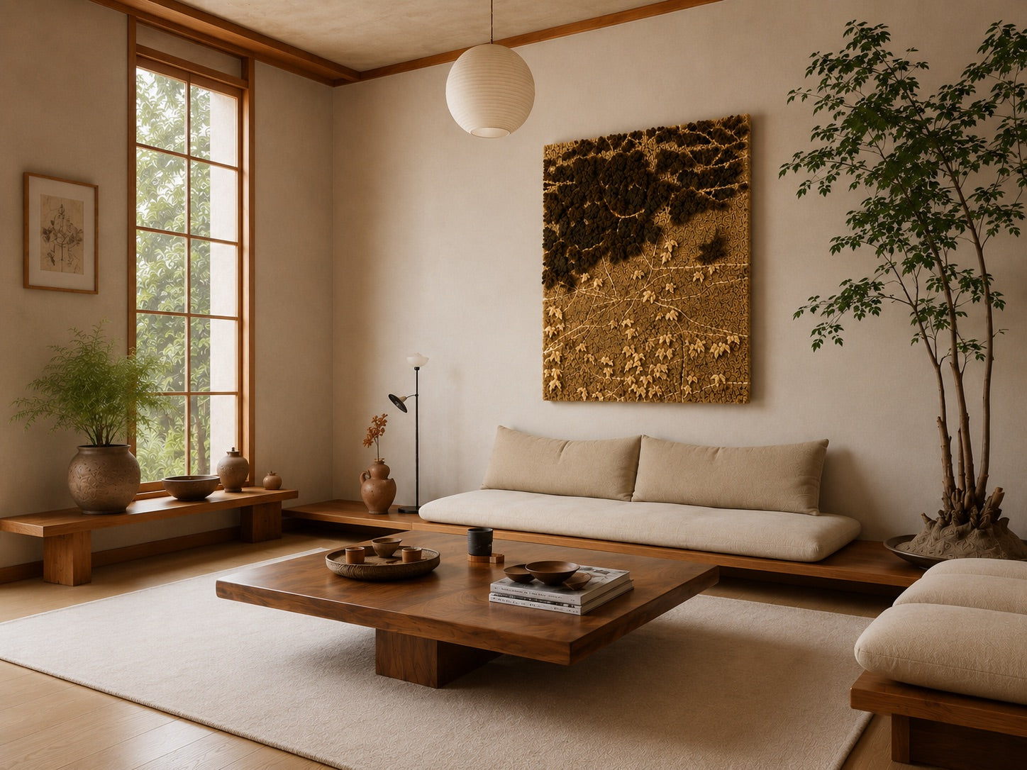 A Japandi living room corner with a hand-tufted tree branch wool wall panel above a low sofa, floor lamp and terracotta vases