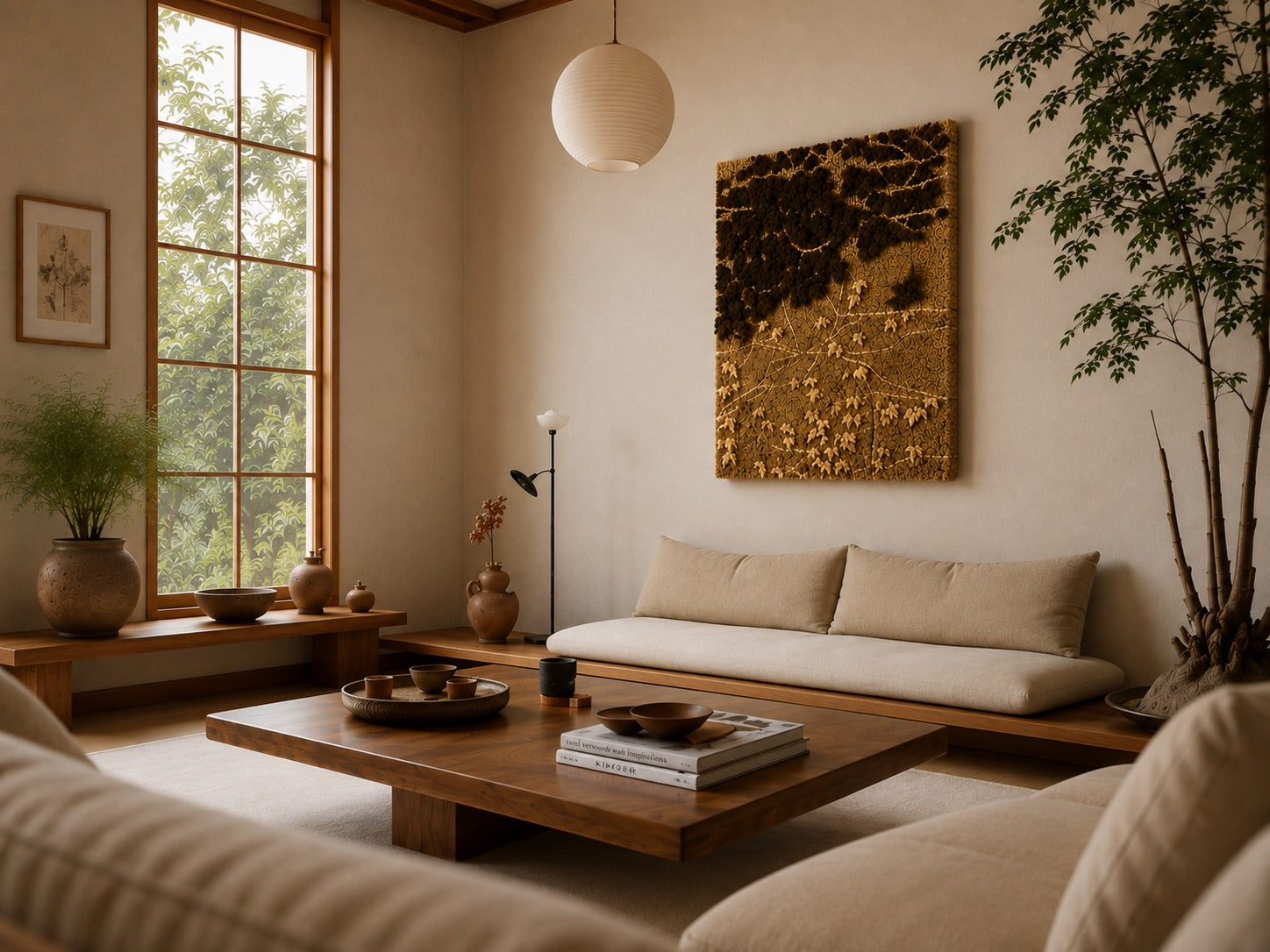 A Japandi living room with a carved tree branch wool wall panel above a low bench sofa, wooden coffee table and potted tree