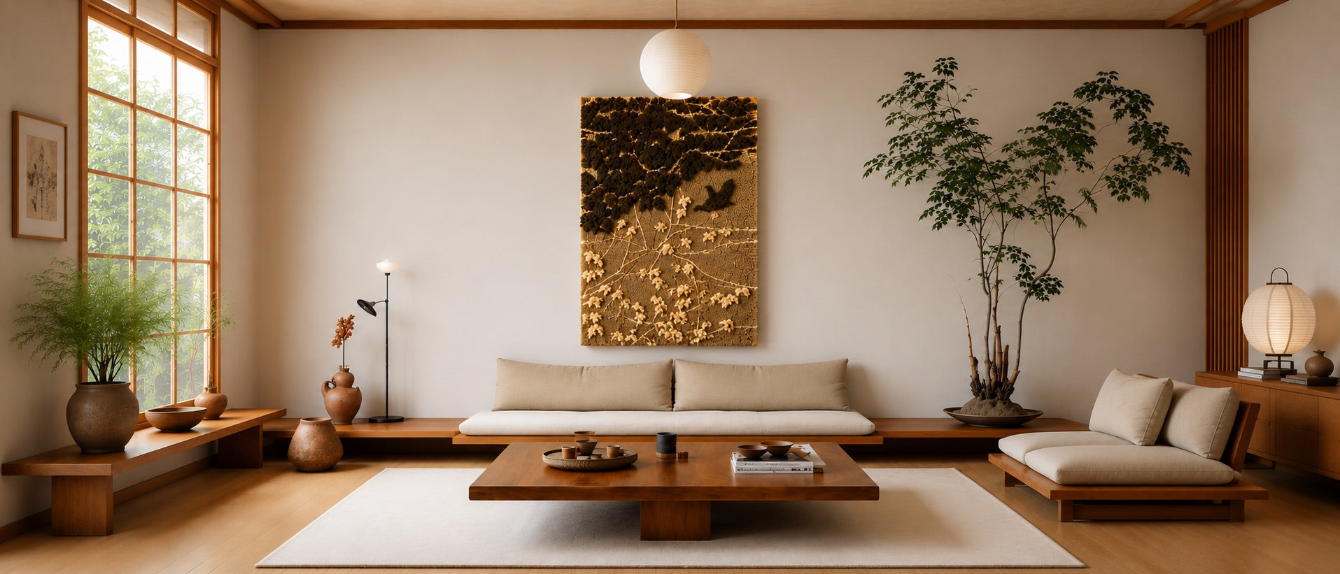 A wide Japandi living room with a hand-tufted tree branch and bird wool wall panel above a low sofa, tatami rug and wooden coffee table