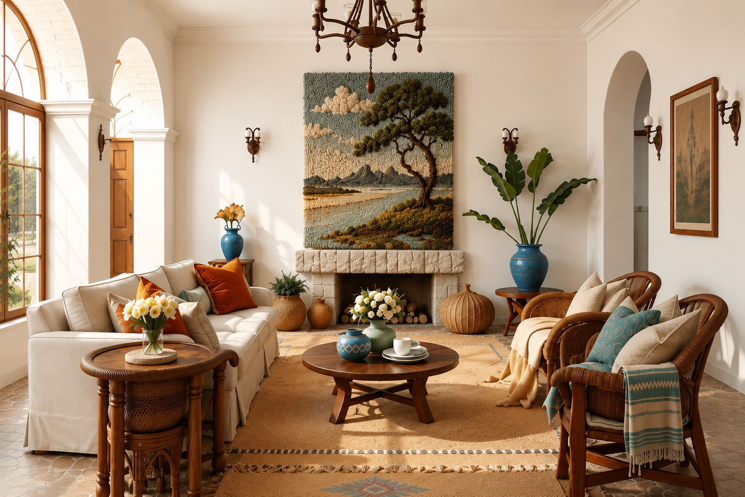 A Mediterranean-style living room with a hand-tufted tree and river landscape wool wall panel above a stone fireplace, wicker chairs and terracotta pots