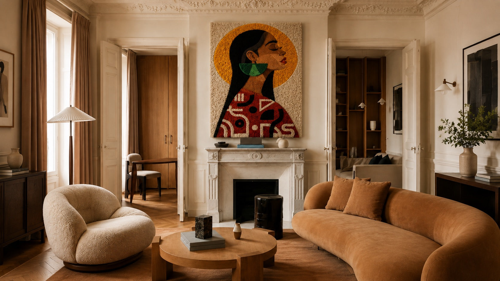 A Parisian living room with a woven portrait tapestry above the marble fireplace, curved terracotta sofa, bouclé chair