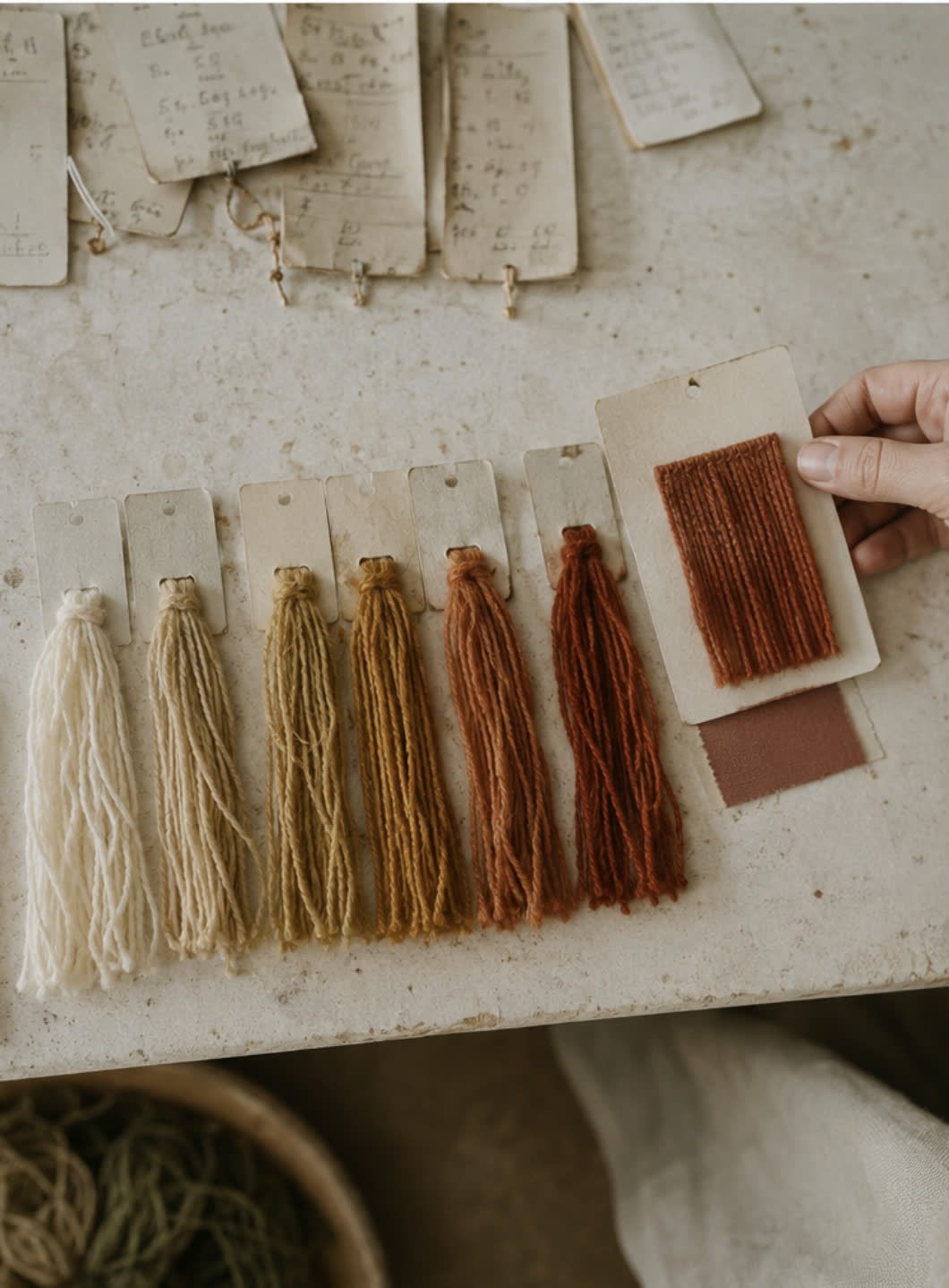 Dyed wool sample cards laid out in a graded sequence from cream through ochre to rust, one held against a reference chip