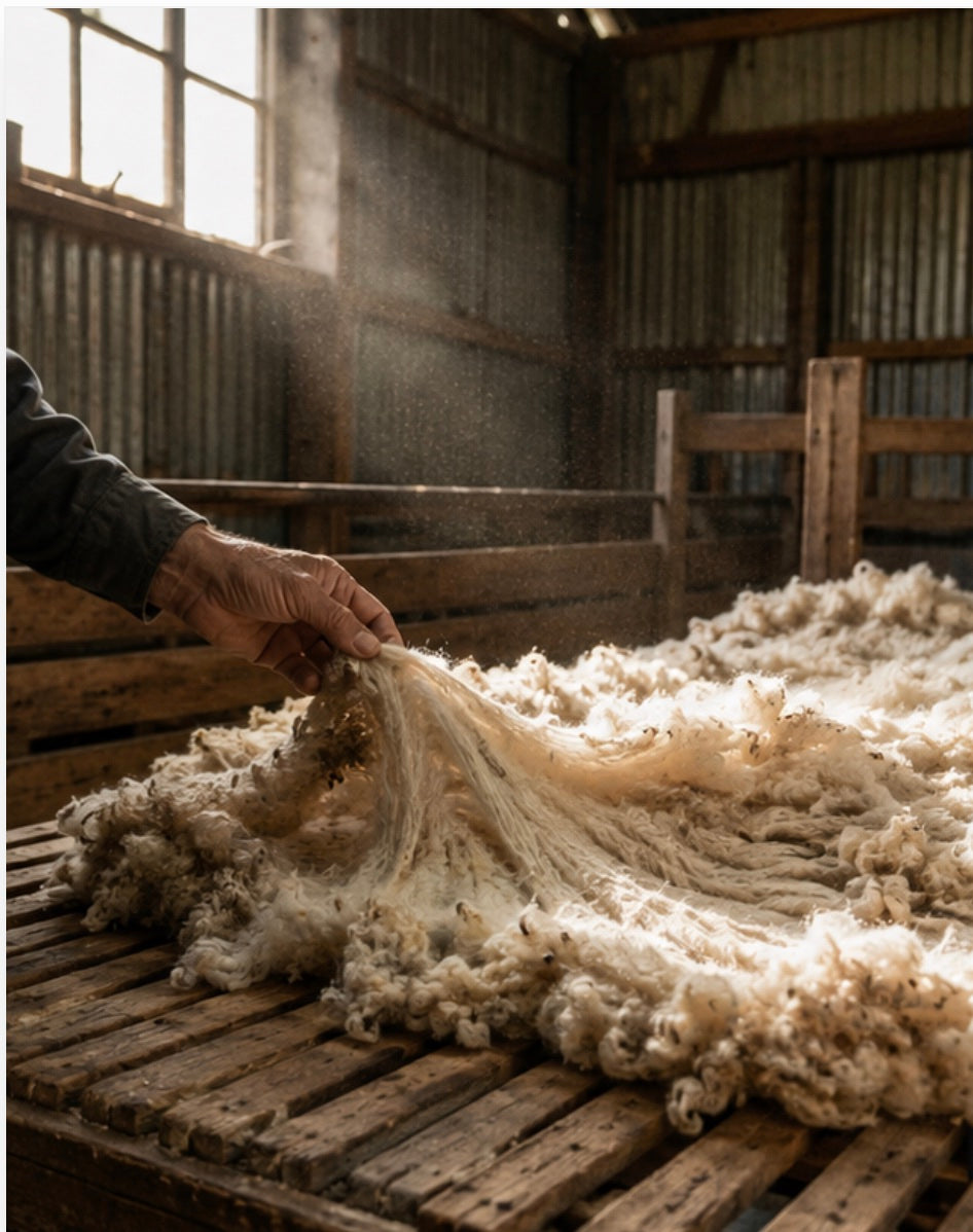 A grader lifting a raw cream fleece on a slatted table in a corrugated-iron shearing shed