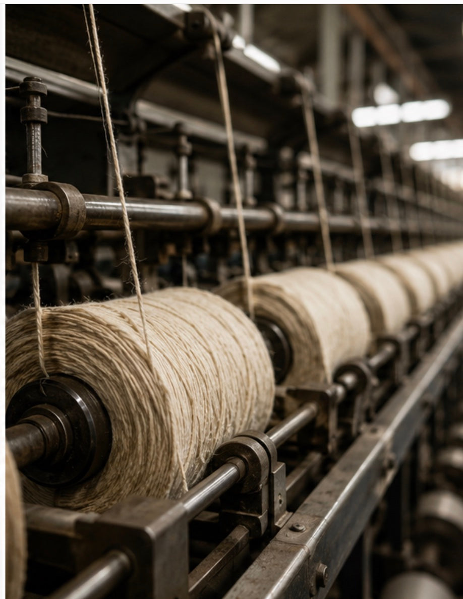 Undyed two-ply wool yarn winding onto steel bobbins on a mill spinning frame
