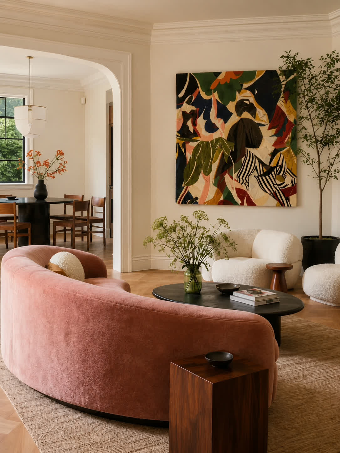 A hand-tufted wool jungle-foliage panel in olive, navy and rust hung above a curved rose velvet sofa